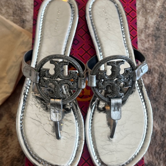 Tory Burch Miller Pave Metallic Leather Sandals - Picture 1 of 11